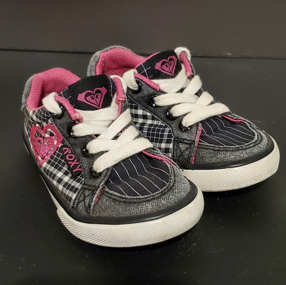 Roxy, Toddler Sneakers, Lace-up, Black & White Plaid w/ Pink